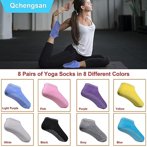 Qchengsan Non-Slip Grip Socks - 8 Pairs for Women, Anti-Skid Yoga and Pilates Socks With Cushion, Grippy Slippers for Pure Barre, Ballet, Dance, Barefoot Workout2
