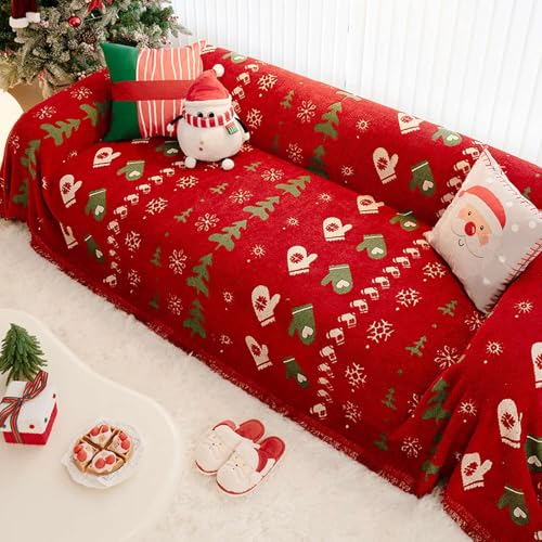 Housse de canapé de Noël en chenille douce premium rouge à pompons - 2