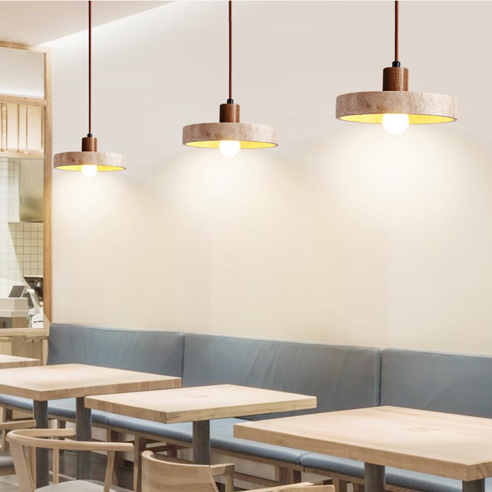 Luminaire suspendu rond, îlot de cuisine, lampe à suspension en pierre de grotte jaune, tasse en bois, éclairage de plafond suspendu long et réglable, lustre rétro Wabi Sabi en travertin jaune, lampes