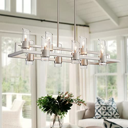 Image of WUZUPS Island Rectangle Chandelier 10-Light with Clear Glass Industrial Modern Farmhouse Linear Light Fixture for Dining Room Kithen Island, Width 42.5 inch Height 10.4 inch, Brushed Nickel