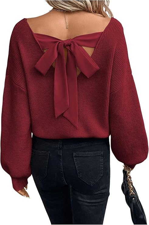 Chvity Christmas Party Sweater Elegant Backless Bow Trendy from Home Cozy Green Sweater