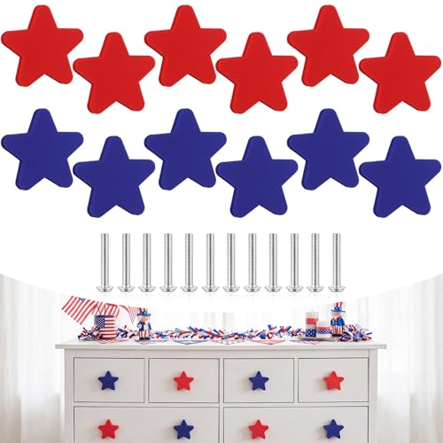 Moxweyeni 12 Pcs Patriotic Star Cabinet Knob Covers 4th of July Silicone Cabinet Knob Kitchen Decor Red and Blue American National Decor Decorative Drawer Knobs for Home & Holiday Party Decoration