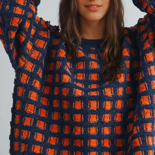 Hixiaohe Oversized Checkered Sweater for Women Trendy Pullover Sweaters Casual Long Sleeve Ribbed Knit Tops Fashion Clothes3