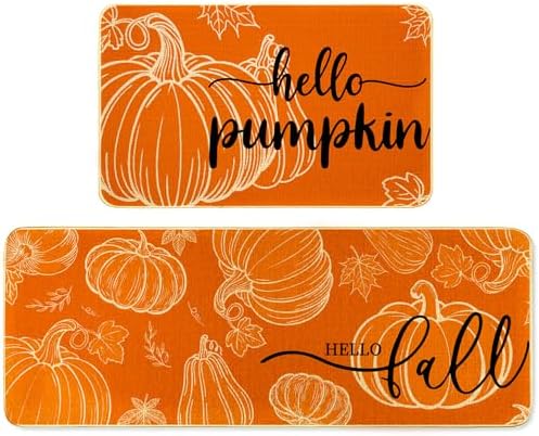 Hello Pumpkin Fall Kitchen Rugs Sets of 2, Orange Kitchen Mats Non-Slip Autumn Thanksgiving Halloween Home Decor - 17x29 and 17x47 Inch for Bedroom, Floor, Laundry