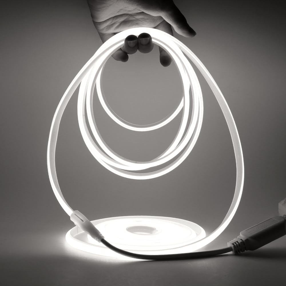 HEGEHE Dimmable COB Neon Light Strip with 220V Dimmer Switch, Cut to 50cm, 288LED/m Flexible and Waterproof Silica Gel Rope Light(4m, Cold White)