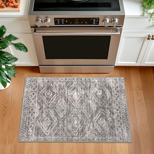 KILOCOCO Boho Entryway Rug 2x3 Printed Small Area Rugs Indoor Door Mat Machine Washable Kitchen Rugs Super Soft Non Slip Throw Rug for Bedroom Entrance Geometric Laundry Room, Taupe