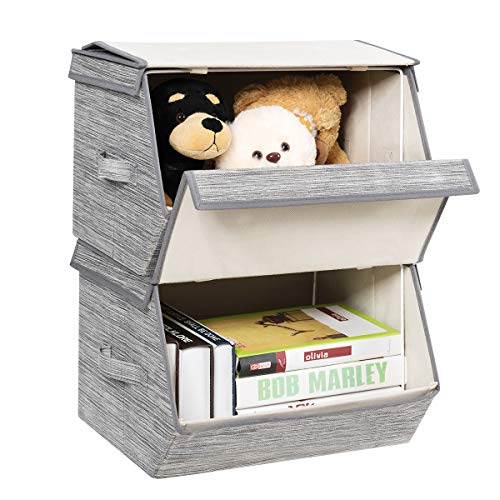 DREAMADE Set de 4 Boîte de Rangement Empilable, pour Vêtement, Jouets, Serviettes, Livres, avec Couvercle Incliné à Rabat, Poignées latérales, en Carton et Non-tissé, 38 x 35 x 25 CM, Gris