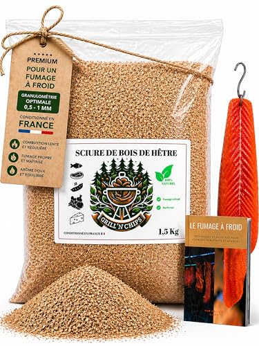 Grill'n Chips Sciure de Bois de Hêtre 1.5Kg pour Fumoir à Viande et Poisson - Adaptée au serpentin fumoir à Froid - Conditionné en France - Guide...