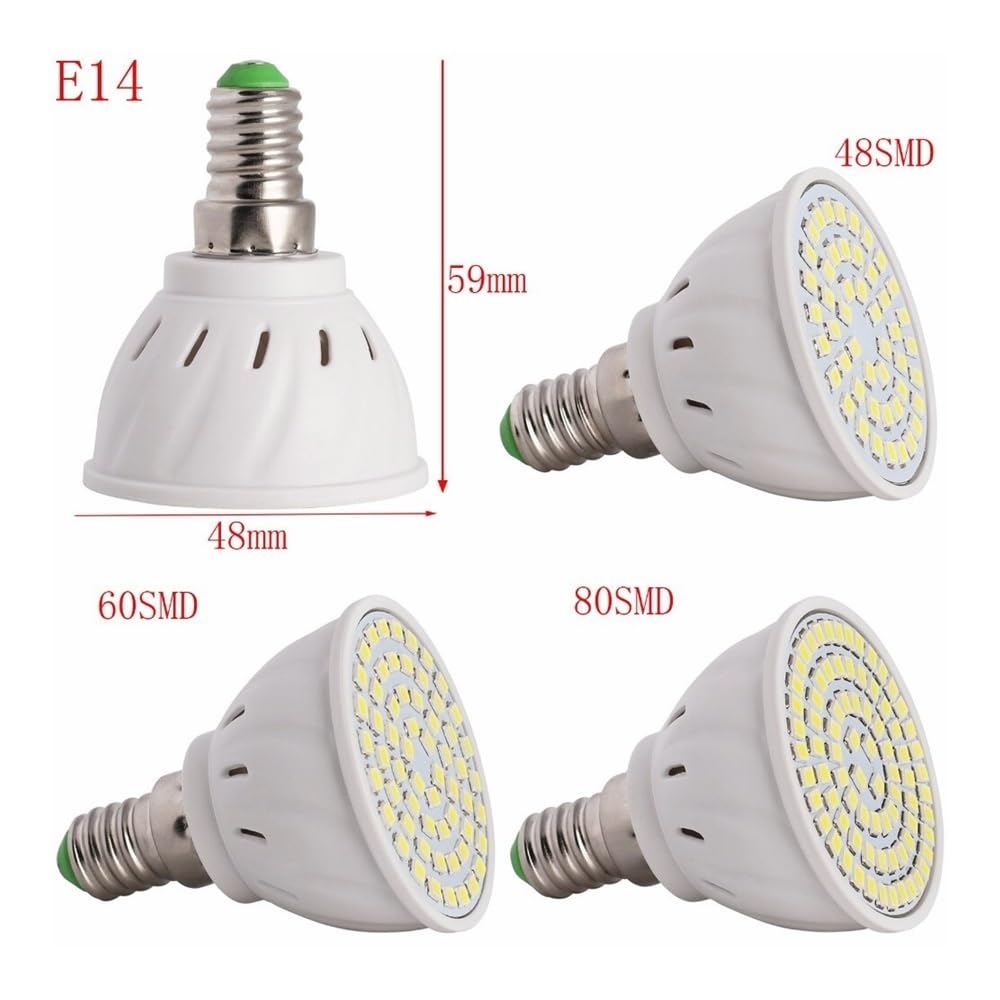 HHF Iluminación del hogar, Paquete de 20, bombilla de foco LED E14 AC220V SMD2835 48 LED/60 LED/80 LED bombillas LED luz del hogar(Wam White,E14 80leds 8W)