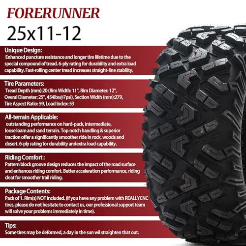 Image of FORERUNNER 25x11-12 ATV Tires, All Terrain TRS (Pack of 2, Tubeless) | FORERUNNER 6PR 25x11-12 ATV UTV Trail Sand Mud Off-Road Tires