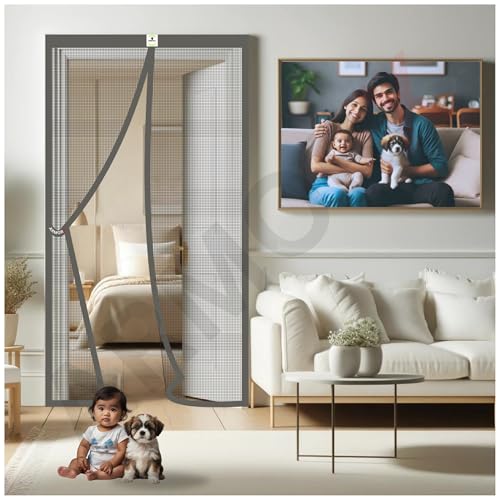 Image of ARMORX High Tensile Polyester Magnetic Door Mosquito Net, Self Closing Magnets with Buckle Strap, Protection from Insects, Pets & Kids Friendly | Classic Grey -210cm x 85cm