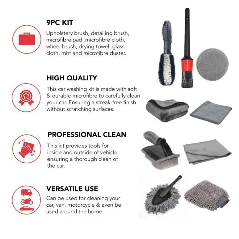 Kit Limpieza Coche Interior Exterior para VW Multivan 2015-2019, Guante Lavado, Paños Microfibra y Cepillos Llantas con Bolsa Almacenamiento,9PCS