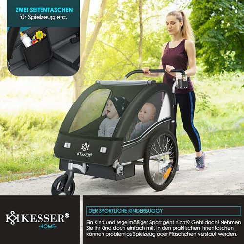 KESSER® Kinderfahrradanhänger Sport-RX 2in1 Jogger & Buggy 5-Punkt-Gurt Sicherheitsgurt 360° Vorderrad Kinderfahrradanhänger Reflektoren für 1-2 Kinder (max. 40 kg) Getränkehalter & Smartphonefach