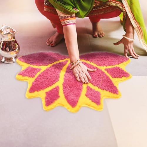 24in Diwali Decorations for Home Floral Rangoli Mat Indian Diwali Lotus Decor Pooja Floral Housewarming Floor Decor Reusable Rangoli Mat for Indian Traditional Pooja Festival New Year Entrance Gift