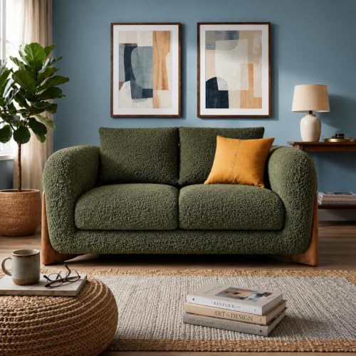 Image of Modern Sofa, Teddy Fabric, Chesterfield Style, Wooden Legs, for Living Room, Bedroom, Hallways (Dark Green - 2 Seater)