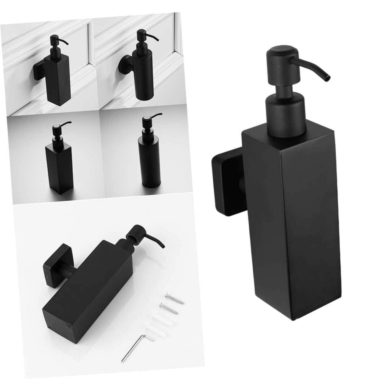 Dispenser Sapone da Parete Acciaio Inox 304 200ml Nero | Pompa Manuale, Ricaricabile, Forma Quadrata, per Sapone Liquido e Lozione, Installazione a Muro