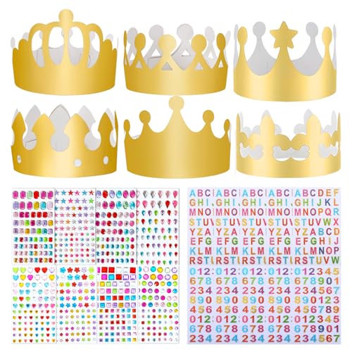 YSBCNK 6 Gold Crown Party Hats for Kids and Adults, DIY Paper Crowns with 635 Gem Stickers and 20 Alphabet Number Letter Stickers, Birthday Celebration Crafts for Weddings and Family Activities