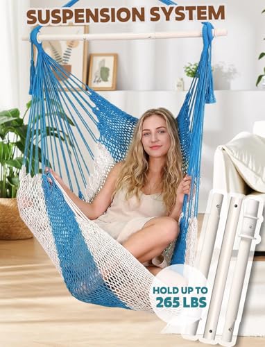 Image of Chihee Handwoven Hammock Chair 7.9ft Detachable Strong Metal Spreader Bar | Stretchy Cotton Blended Rope Large Hanging Chair Ventilated Mesh Swing Seat Color Blocking Portable Carry Bag Indoor Outdoor