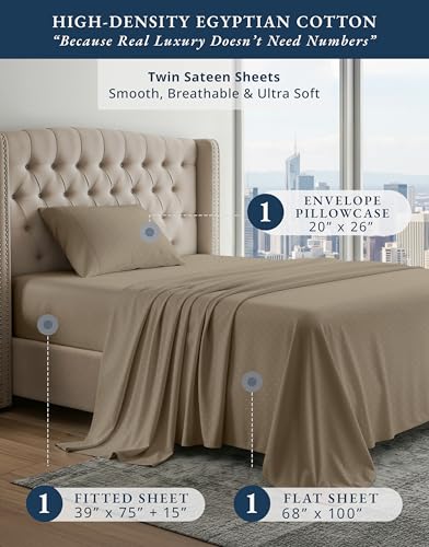 Image of LANE LINEN Twin Size Sheet Set 100% Egyptian Cotton Sateen - Taupe | Black Twin Sheets - 3-Piece Set, Ideal For Dorms And Guest Beds, For A Luxurious Night's Sleep, Guest-Ready Comfort