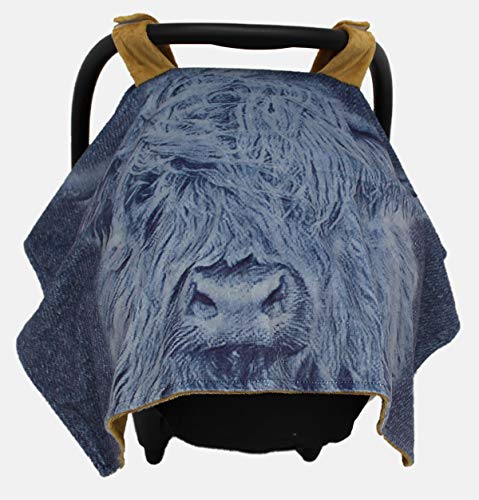 Dear Baby Gear Deluxe Car Seat Canopy, Double Layer Minky, Highland Cow on Denim, Khaki Minky Smooth, 40 x 30 Inches