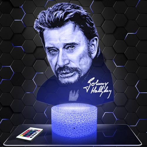 Lampephoto.fr - Lampe 3D Johnny Hallyday Idée Cadeau Fan Chanson Française, Fan de Johnny Hallyday, Veilleuse Tactile Led Illusion, Effet Hologramme 3D, Idée Cadeau...