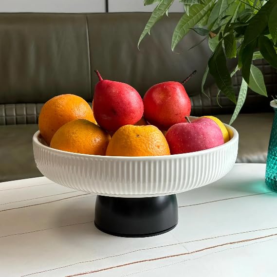 JolieJulie Ceramic Fruit Bowl,11' Decorative Bowl with Silicone Placemat, Large Fruit Bowl for Kitchen Counter, Pedestal Bowl, Kitchen Counter Décor, Bread Candy Snacks Organizer, White