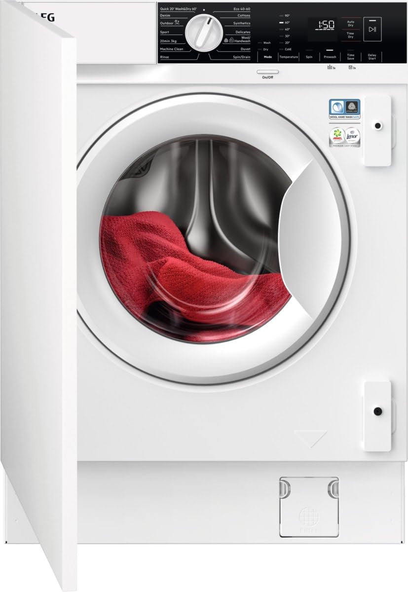 AEG 6000 Series Integrated Washer Dryer 8/4 kg, 1600 rpm Spin, LX6WG84634BI, Wash-to-Dry, AutoSense, 60min Wash&Dry, 819x596x540 mm, White, Energy Class D