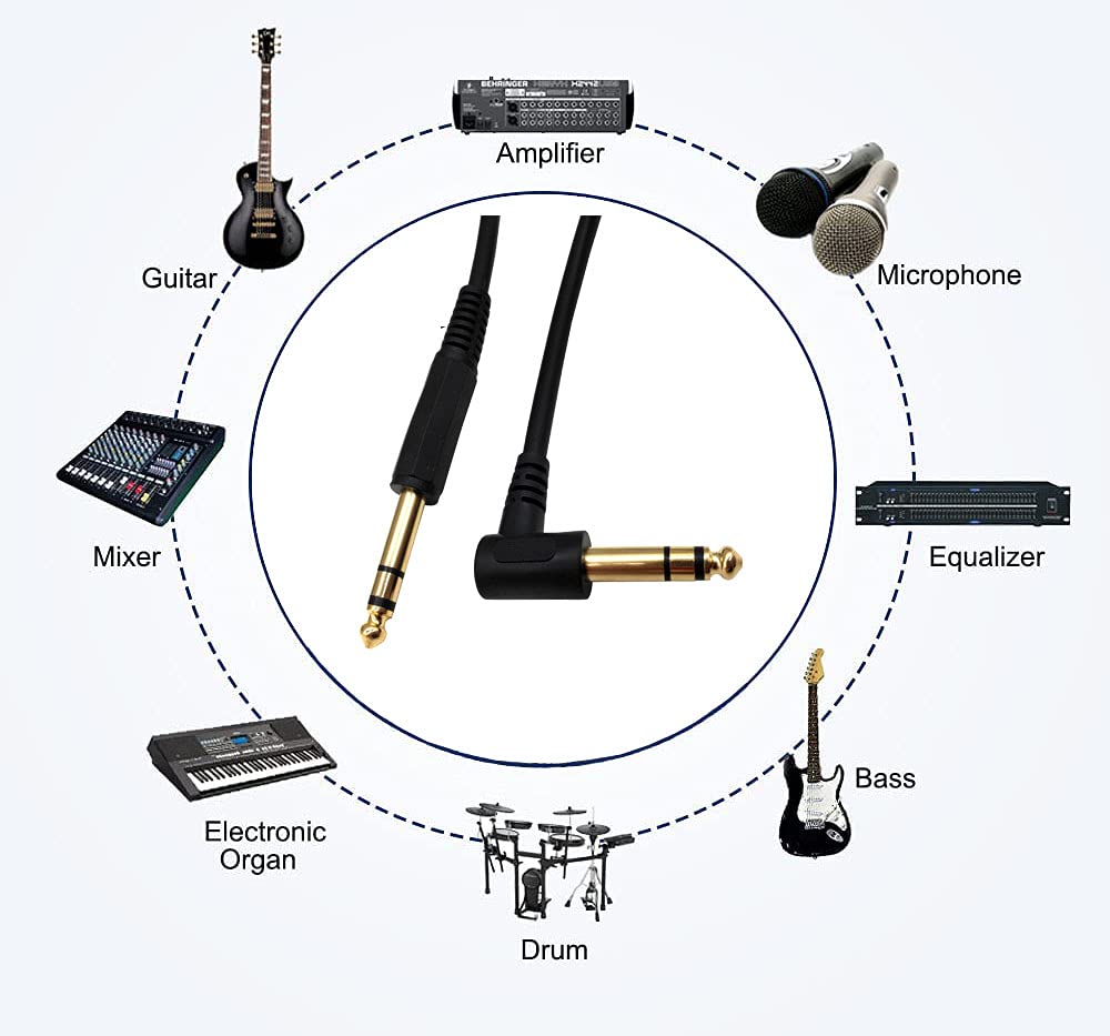 Gitarren-Instrumentenkabel, 1,8 m, 90 Grad Winkel, 6,35 mm TRS-Klinkenstecker auf 1/4 Zoll TRS-Stecker, Stereo-Lautsprecher-Audiokabel für E-Gitarre, Bassgitarre, elektrische und mehr (1,8 m)