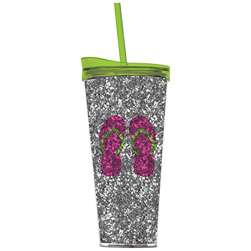 Slant Collections Pink Flip Flops Silver Glitter Insulated Acrylic Tumbler Lid Straw 22 oz by Slant