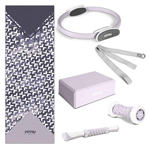 FITFIU Fitness KITWELL-601 - Kit 6 accessoires yoga et pilates, couleur Violet, comprenant tapis, cerceau, bloc, masseur de pieds, barre de massage et sangle de yoga, design géométrique unique