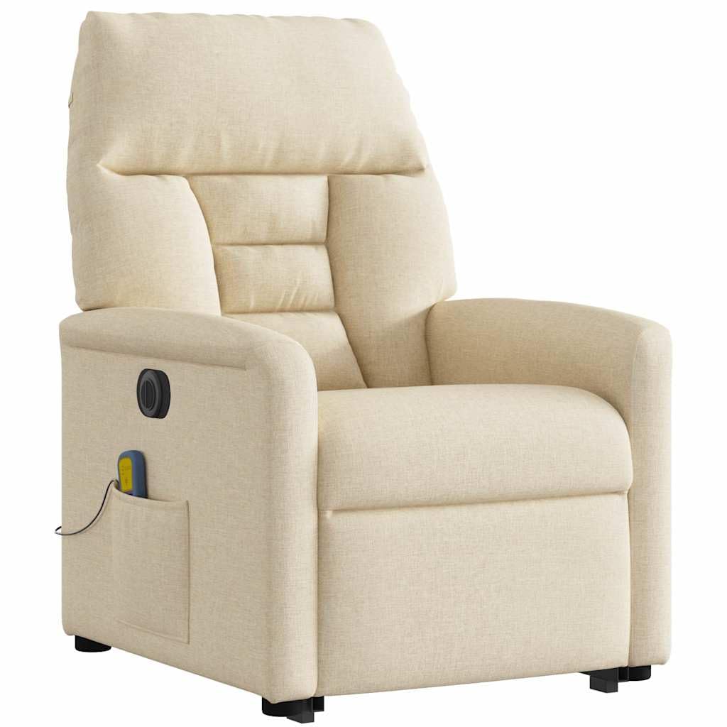 Elektrischer Massagesessel mit Aufstehhilfe cremefarben, Stoffbezug, verstellbare Rückenlehne und Fußstütze, 6-Punkt-Vibrationsmassage, Stabiler Holz- und Metallrahmen