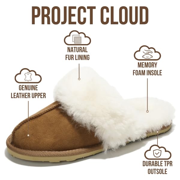 Image of Project Cloud Genuine Leather Slippers for Women with Genuine Fur Lining, Non-Slip Indoor /Outdoor Clog Mule Slippers, Memory Foam Insole
