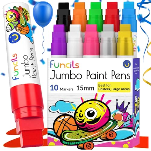 Funcils Rotuladores Acrilicos, 10 Bolígrafos de Pintura Permanentes De Colores, Punta De Fieltro Jumbo De 15 mm Rotuladores Graffiti Para Pintar Piedras, Vidrio, Tela, Cerámica, Madera, Lienzo