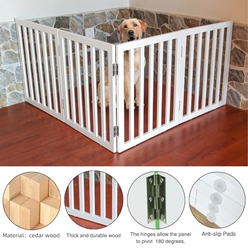 Freestanding-Indoor-Dog-Gate-for-House-Foldable-Wood-White-Puppy-Gate-for-Doorways-Pet-Gate-for-Stairs-Extra-Wide-Pet-Fence-24-Height-4-Panels 51w2 OMevVL