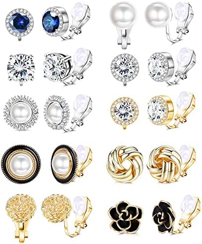 FIBO STEEL 10 Pairs Stainless Steel Clip Earrings for Women Clip On Earrings for Non Pierced CZ Flower Simulated Freshwater Pearl Twist Knot Clip Earrings Sets
