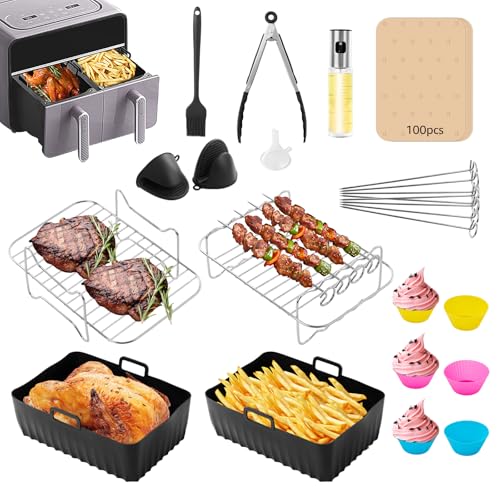 24 Piezas Accesorios Freidora de Aire, Accesorios Freidora Sin Aceite, Molde Silicona Freidora de Aire para Ninja Foodi y Freidoras de Aire de Doble Zona 7.6L-9.5L, Incluye Bandeja de Silicone, Pinza
