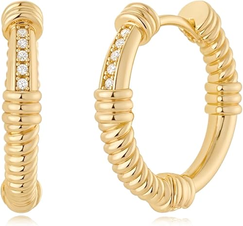 MYEARS Women Gold Earrings Huggie Twisted Station Hoop Cubic Zirconia 14K Gold P