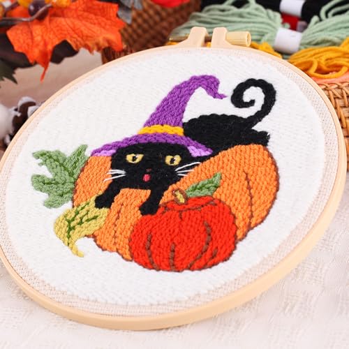 Image of Harimauu Harimau 3P Punch Needle Embroidery Starter Kits for Beginner Kids,Punch Needle Fabric with Pattern,Threader, Yarns,Pinch Needle, Embroidery Hoops & Rug Punch (Yellow)