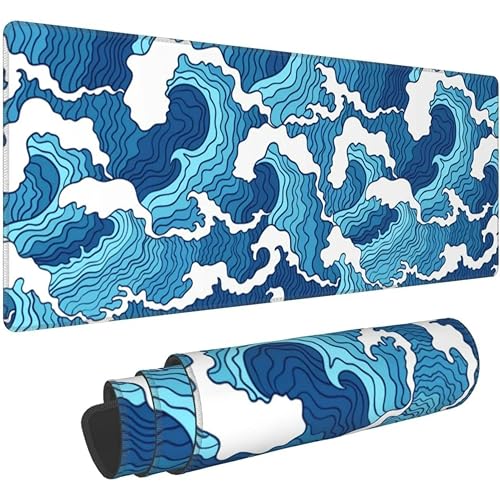 Image of Printed Gaming Mousepad - Premium Stitched Edges, Smooth Surface,Size 11x23 inches, Non-Slip Rubber Base - Ideal for Office & Gaming Setup (Japanese Blue and White Wave)