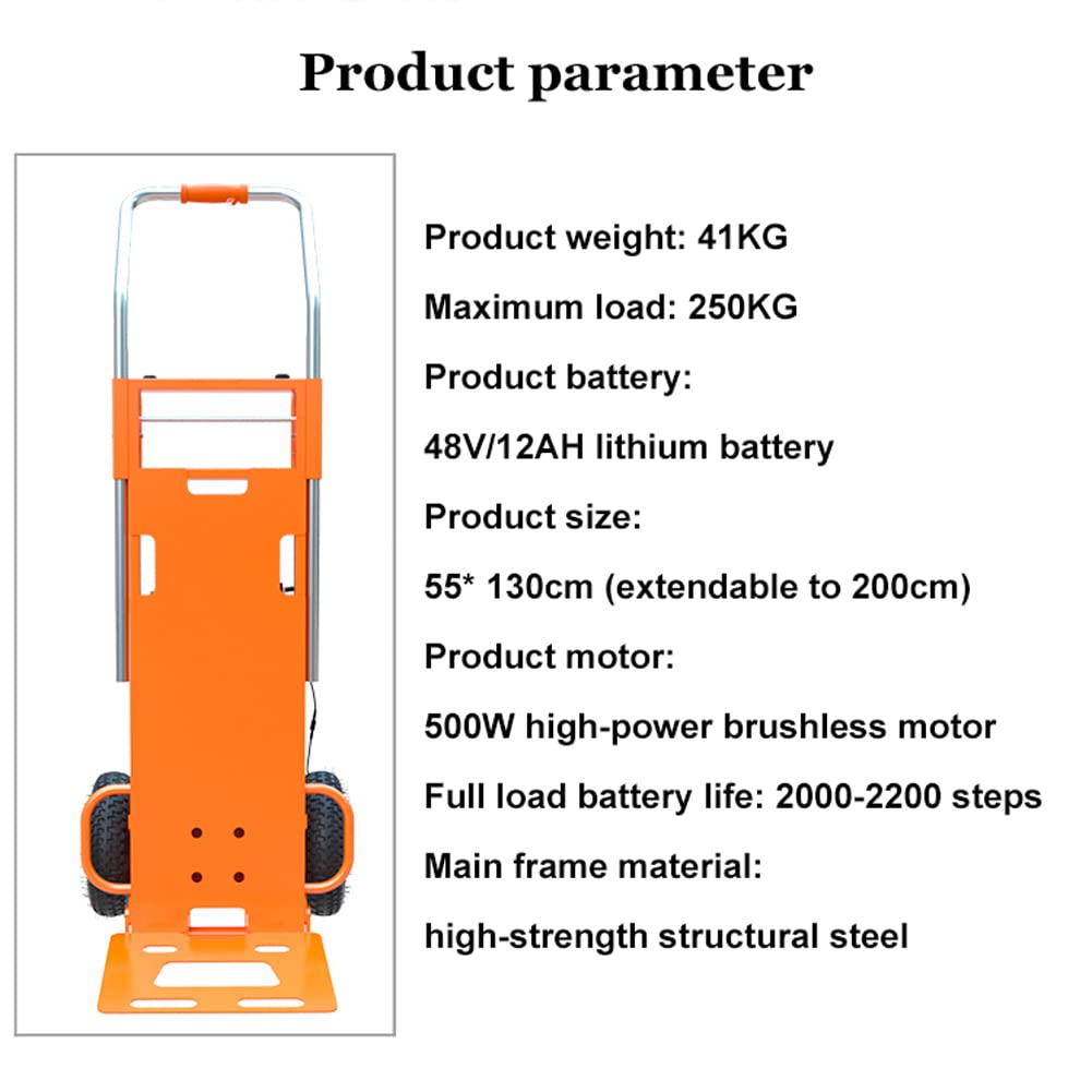 Carrello Saliscale Elettrico, Carrello a Mano su e Giù per le Scale con Carico 200Kg, Carrello Salva-Manodopera con Motore Brushless da 500W e Batteria Rimovibile 48V/12Ah/Arancione/500W