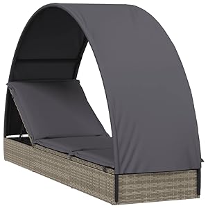 vidaXL Tumbona con toldo Redondo ratán sintético Gris 211x57x140 cm, Tumbona de Descanso, Cama Tumbona, Tumbona de terraza, Tumbona de jardín