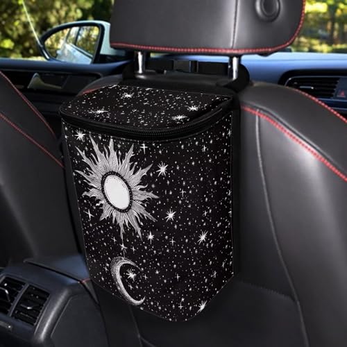 Image of DISNIMO Sun and Moon Auto Car Trash Can - Collapsible, Leakproof Garbage Bin with Adjustable Strap - Car & Truck Accessories for Men and Women - Black