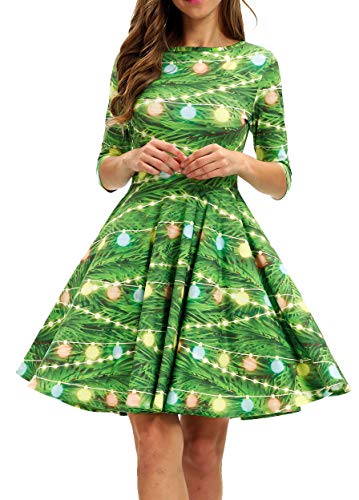 Ainuno Ugly Christmas Dress for Women Christmas Tree Printed Cute Skater Dresses,Christmas Lights M