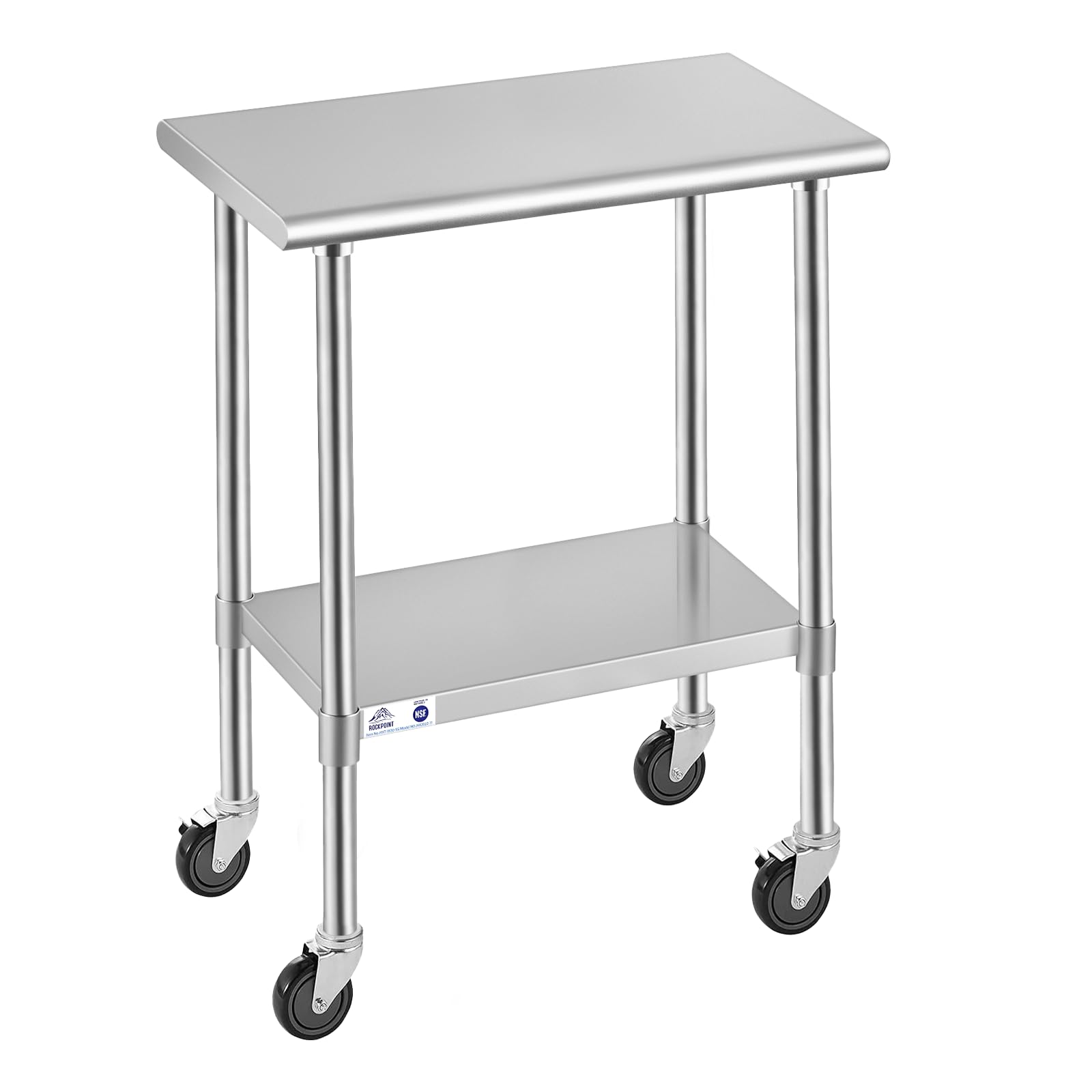 ROCKPOINT Stainless Steel Table for Prep &amp; Work with Caster Wheels 18x30 Inches, NSF Metal Commercial Kitchen Heavy Duty Table with Adjustable Under Shelf and Table Foot for Restaurant, Home and Hotel