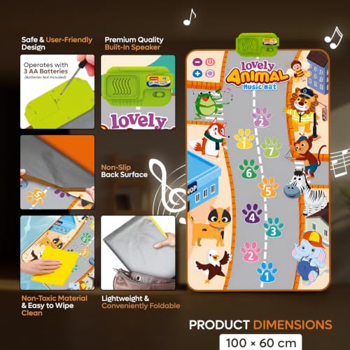 Image of Baby Lovely Animal Music Mat - Educational Piano Mat with Piano Keys, Sounds, Animal Designs - Stimulates Baby's Senses & Motor Skills - Perfect for 12 Months+, Size - 100x60 CM