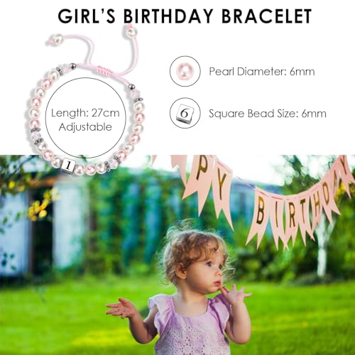 1-8 Years Old Birthday Gifts for Girl - Adjustable Birthday Bracelet for Little Girls with Pink & White Pearls, Birthday Gift Ideas for Daughter Niece Granddaughter Sister Girls3