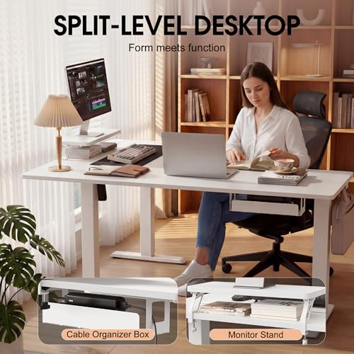 Image of Furmax 63 x 47 Inch L Shaped Standing Desk with 2 Preset Heights, Electric Height Adjustable Computer Desk, Corner Sit Stand Desk for Home Office, 2 Hooks & Feet Balance (White, 63 x 47 Inch)