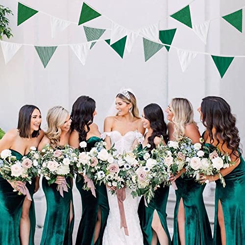 Image of Zwiebeco 32Ft Green White Stripe Dot Fabric Bunting Banner Triangle Flags Cotton Garland Pennant for Birthday Wedding Baby Shower Hen Spring Tea Party Classroom Nursery Home Outdoor Garden Decorations