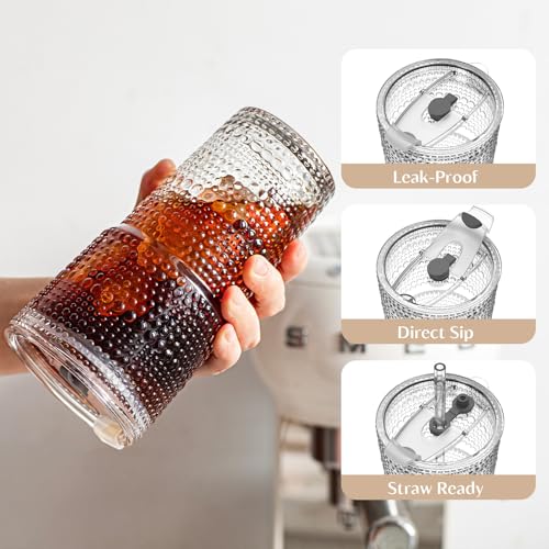 Image of INSETLAN 20oz Hobnail Glass Cups with Lids and Glass Straws - 2 Pieces, Thick-Walled Glass Tumblers for Iced Coffee, Smoothies, Milk, Water, Juice, and More - Elegant and Durable Drinking Glasses