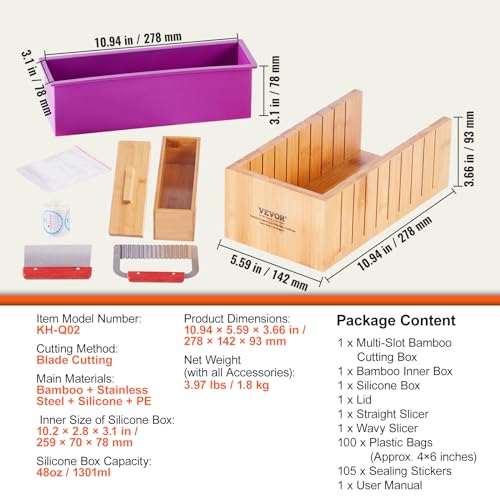 VEVOR Seifenschneider Set Seife Selb Machen 1301 mL, Seifenmachen Set Silikon, DIY Seifenherstellung Handgefertigt Seife Satz, Rechteckige Silikon Seife Form mit Bambuskasten 278 x 142 x 93 mm